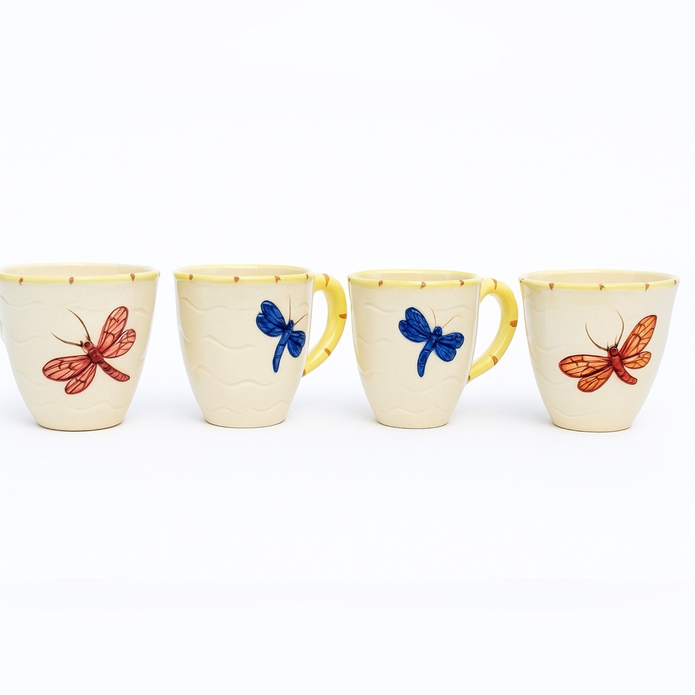Vintage Frutuoso & Frutuoso Portugal Dragonfly Ceramic Mugs Set of 4 Rare